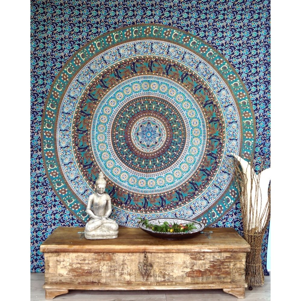 Ritualtuch - indische Tagesdecke - Wandbehang blau/grün - 225x205
