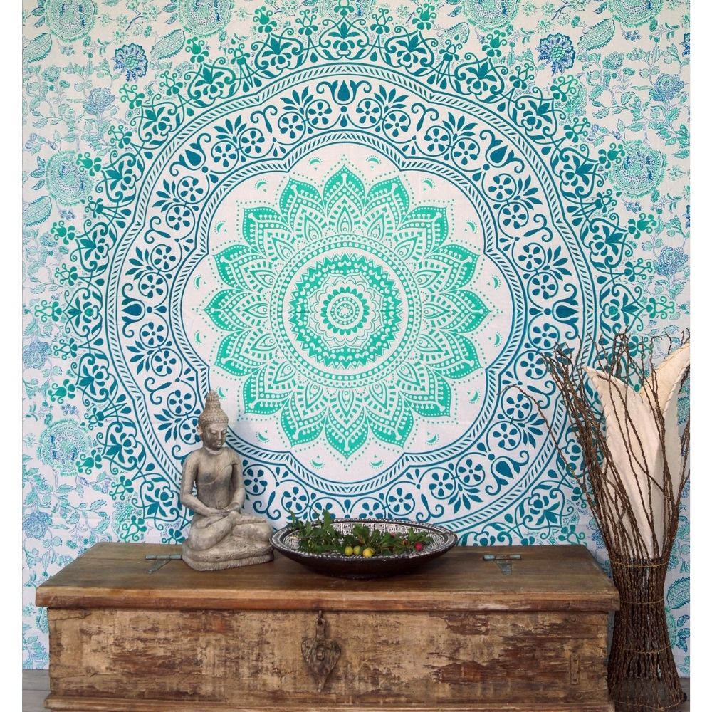 Ritualtuch - indische Tagesdecke - Wandbehang smaragdgrün - 230x210
