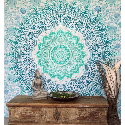 Ritualtuch - indische Tagesdecke - Wandbehang smaragdgrün - 230x210