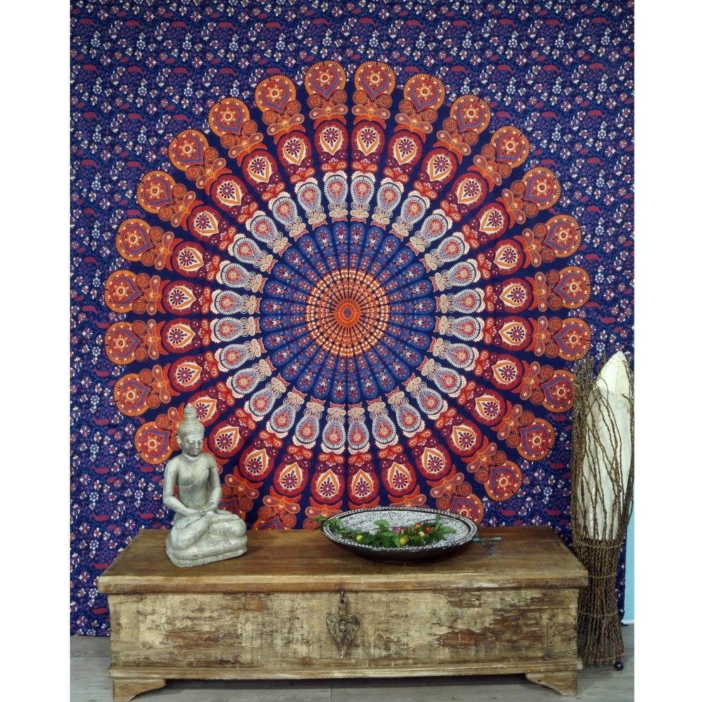 Ritualtuch - indische Tagesdecke - Wandbehang blau/orange/lila - 230x210