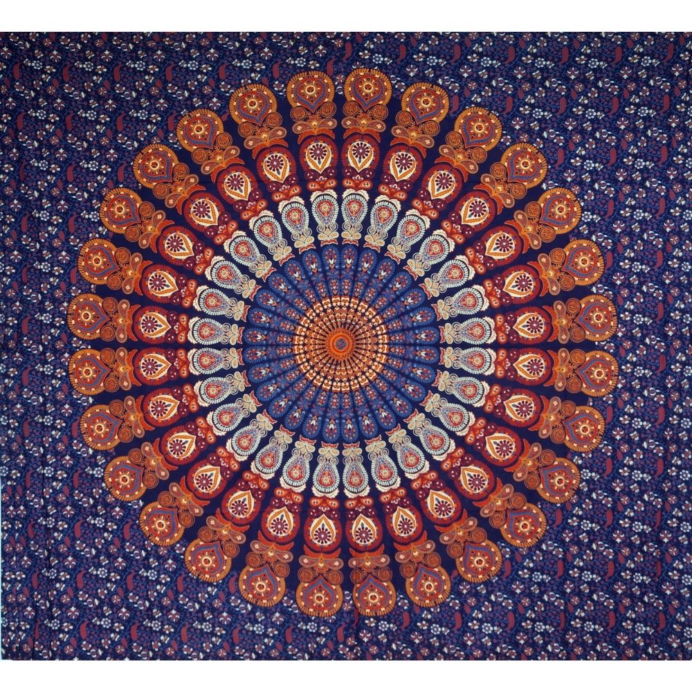 Ritualtuch - indische Tagesdecke - Wandbehang blau/orange/lila - 230x210