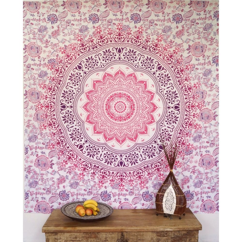 Ritualtuch - indische Tagesdecke - Wandbehang weiß/pink/violett - 220x210