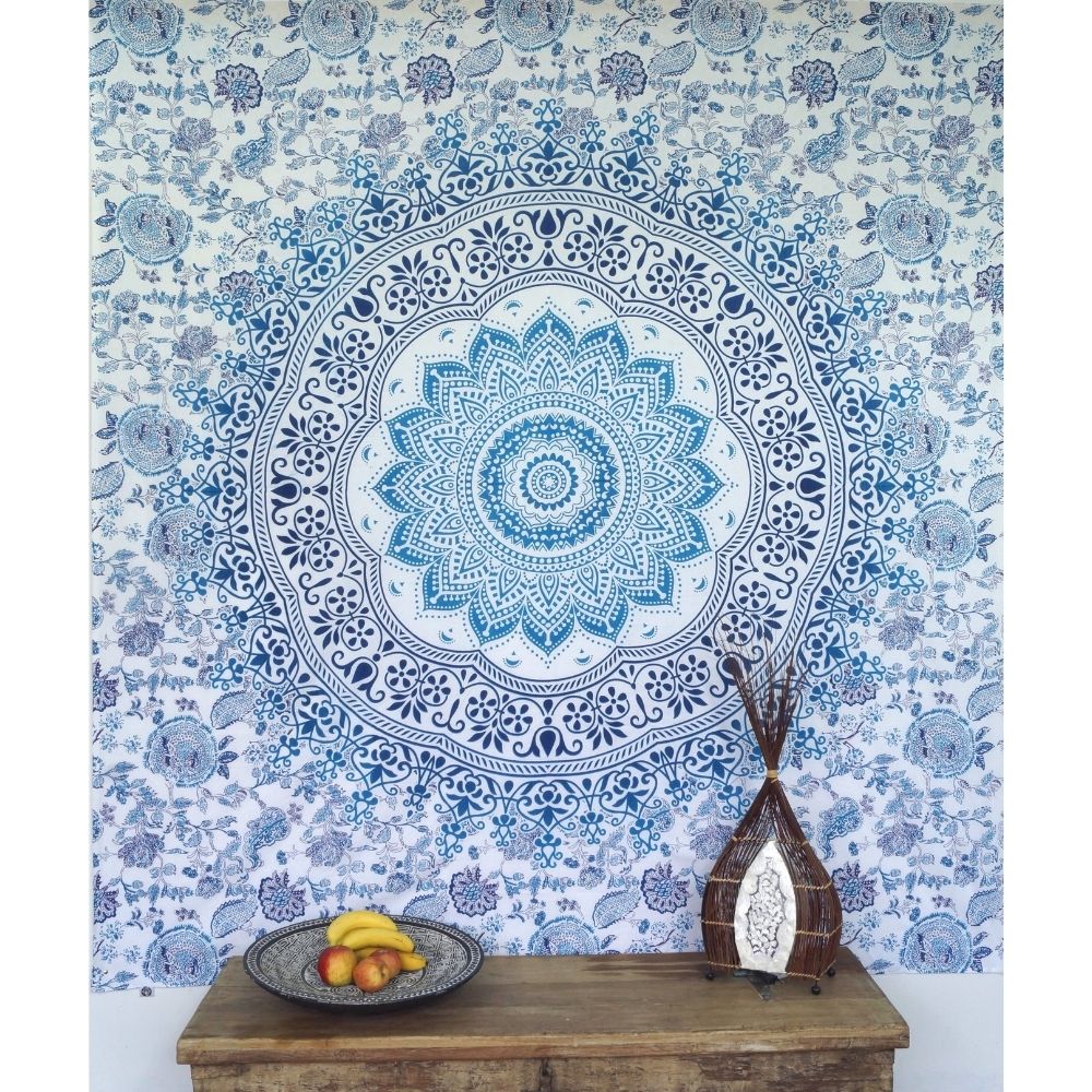 Ritualtuch - indische Tagesdecke - Wandbehang blau/türkis/weiß - 220x210