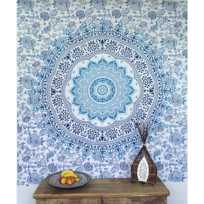 Ritualtuch - indische Tagesdecke - Wandbehang blau/türkis/weiß - 220x210