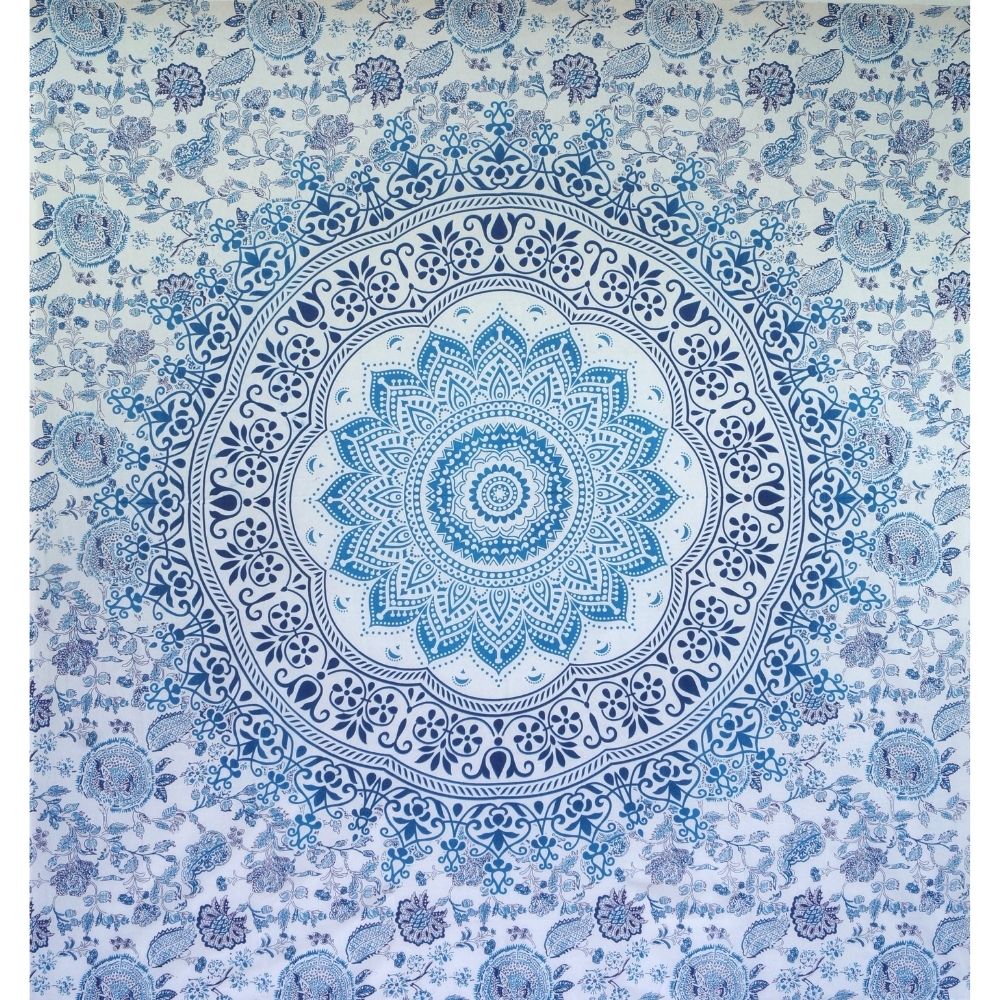 Ritualtuch - indische Tagesdecke - Wandbehang blau/türkis/weiß - 220x210